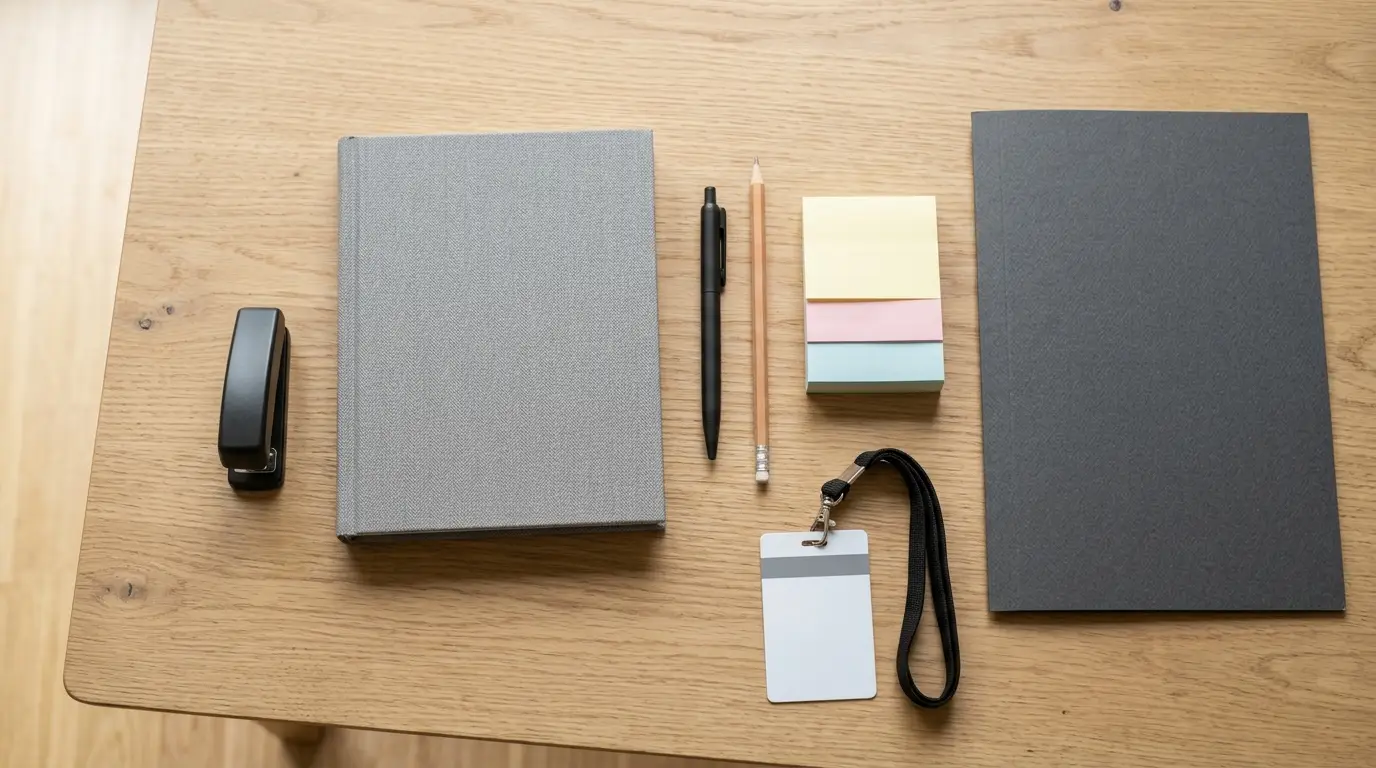 Paket alat tulis kantor untuk onboarding karyawan baru berisi pulpen notebook dan ID holder