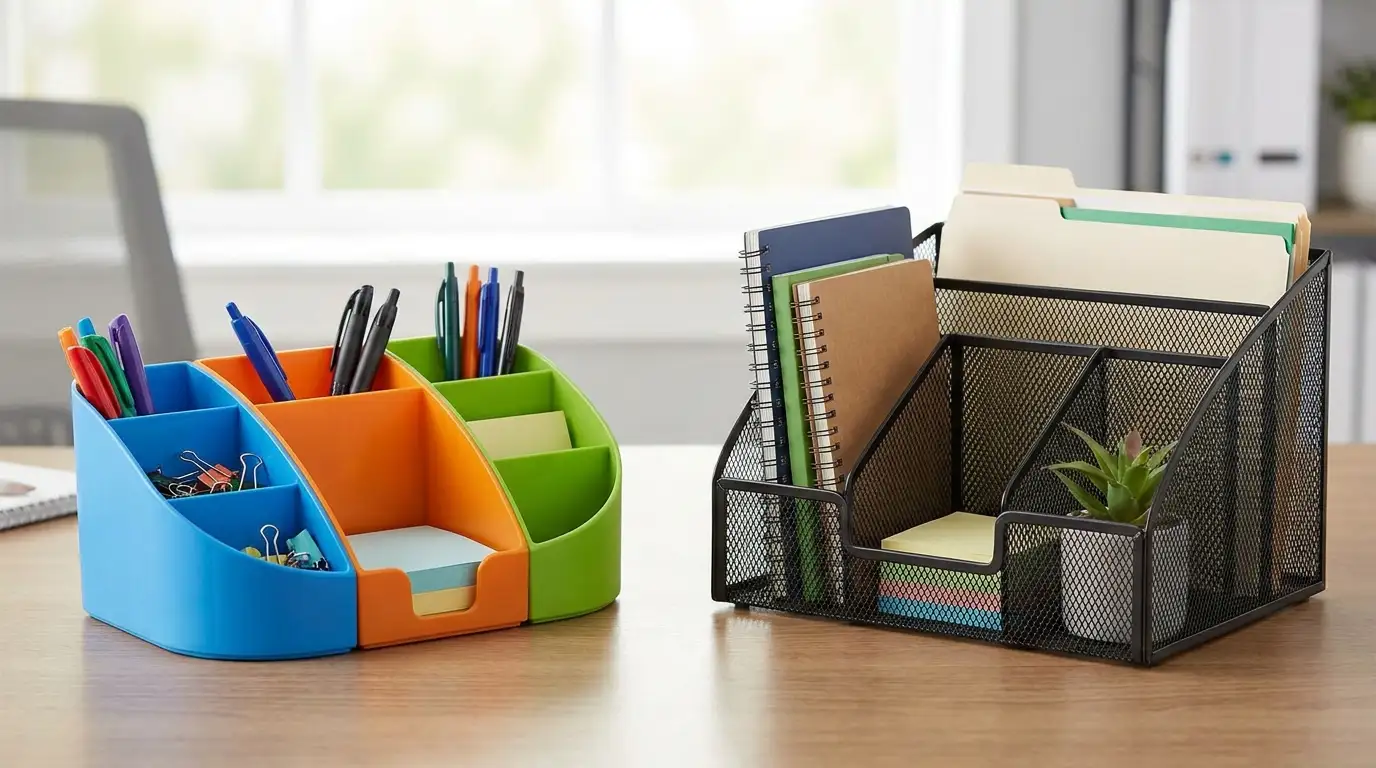Perbandingan desk organizer plastik dan jaring besi di meja kantor