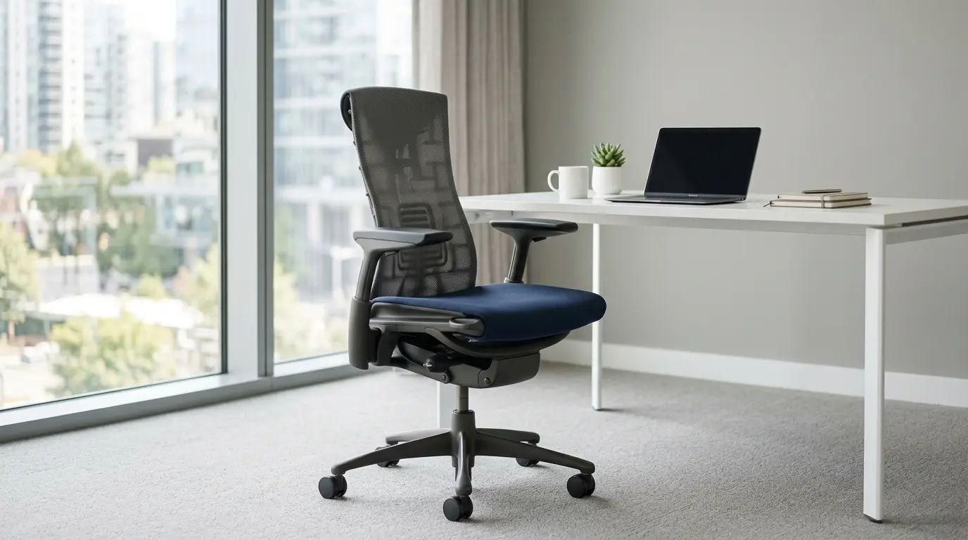 Kursi kantor ergonomis dengan sandaran mesh dan lumbar support di ruang kerja modern