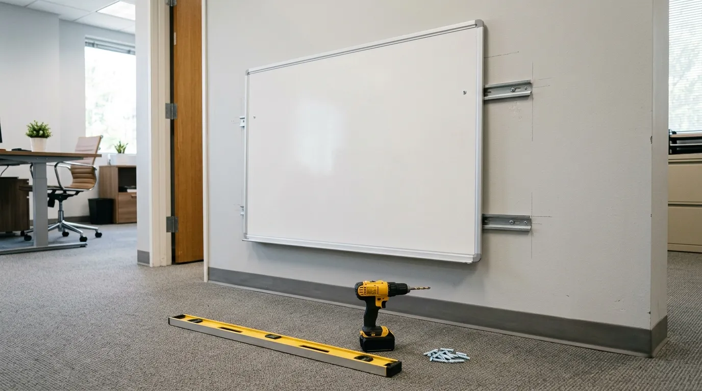 Proses pemasangan whiteboard kantor di dinding dengan bracket dan waterpass