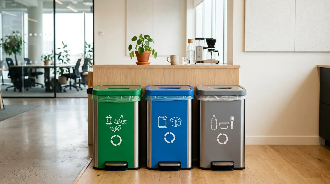 Tempat sampah kantor set dengan pemilahan organik kertas dan plastik untuk program ESG