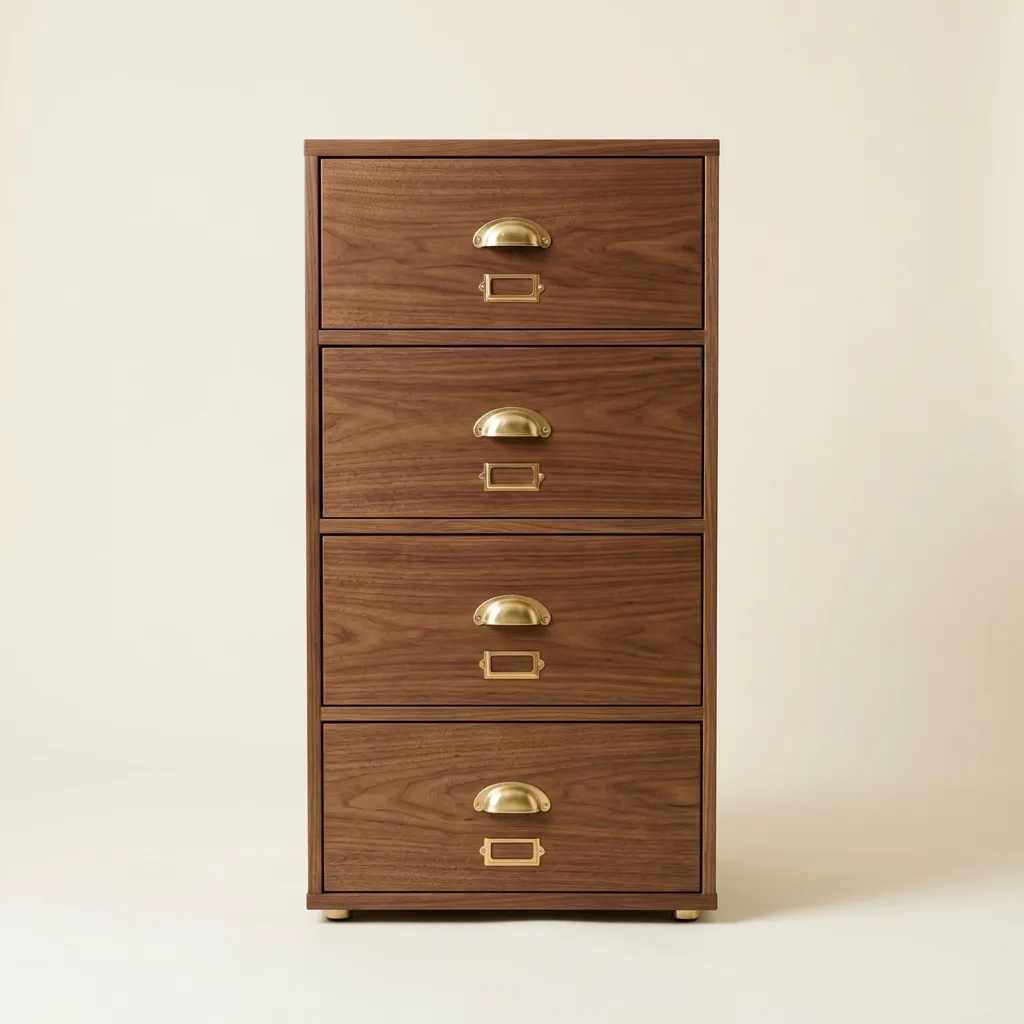 Lemari arsip kayu 4 laci warna walnut elegan untuk ruang pimpinan