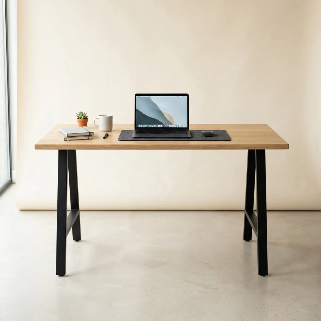 Meja kantor minimalis top kayu engineering kaki besi modern