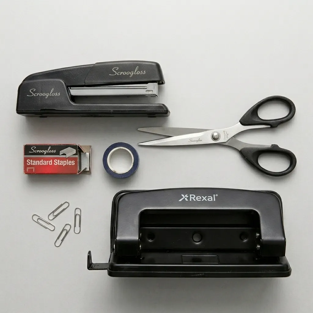 Set perlengkapan meja stapler, gunting, dan perforator untuk administrasi kantor